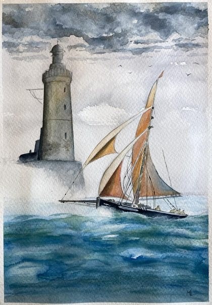 Aquarelle : phare et voilier