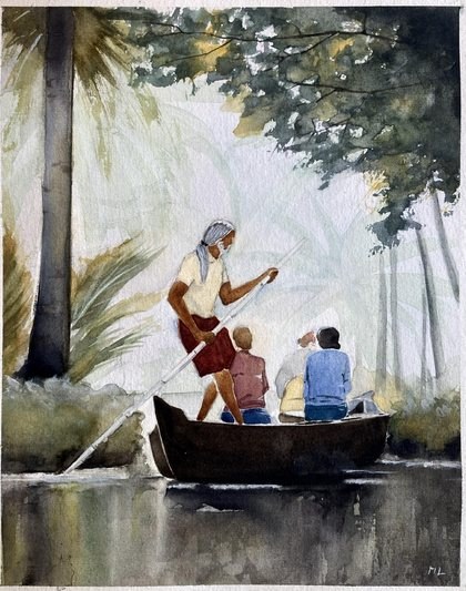 Aquarelle : quatre personnes dans une barque