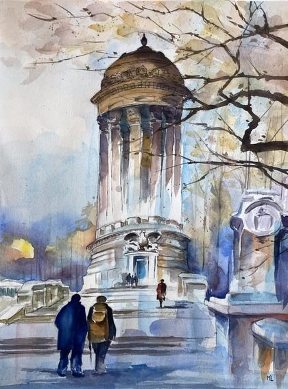 Aquarelle : kiosque et promeneurs