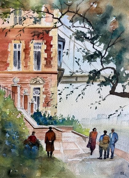Aquarelle : maison et promeneurs